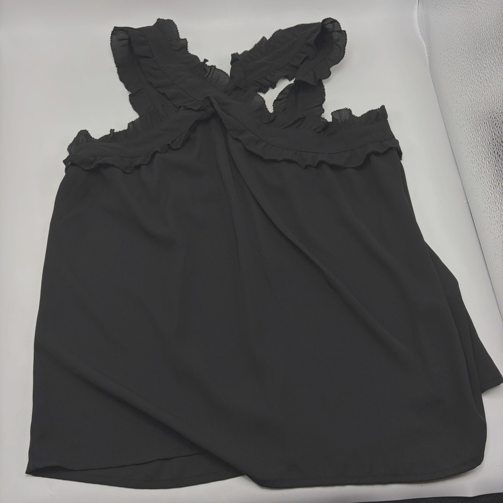 J Crew Tank Top Womens 2 Black Ruffle Cross Strap Blouse Sleeveless Preppy